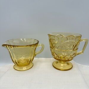 1 Federal Glass Madrid Pattern 1 Dutch Rose Pattern Set Of 2 Creamers Yellow VTG